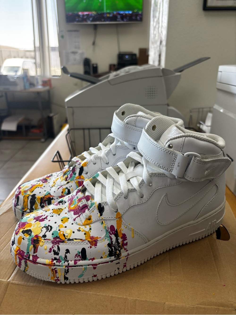 Nike Air Force 1 Mid Top custom Sneakers - White with Multicolor Paint Splatter